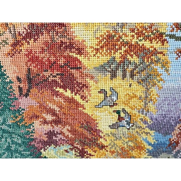 1997 Vintage Embroidered Picture Forest Lake Art With Wooden Frame 30" L x 25" H - Picture 5 of 16